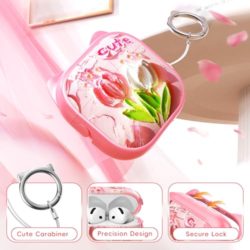 Image of for AirPods 4 Case with Cleaning Kit, Cute Cat Ear Print Design & Cute Buckle, Inverted Phone Holder Design, Top Safe Lock Buckle Design, for Girls AirPods 4 case 2024, Tulip