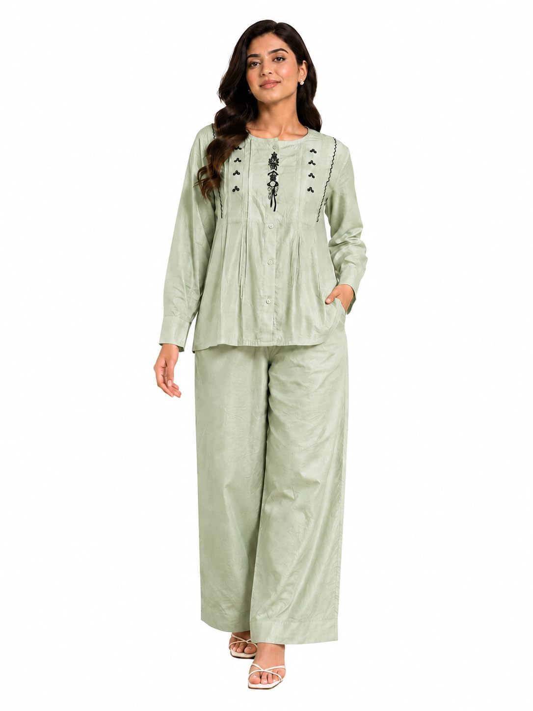 women's rayon co-ord set embroidered top with wide-leg palazzo