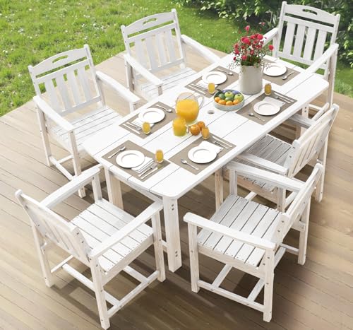 Image of Ciokea HDPE Outdoor Dining Set, 7-Piece Patio Table and Chairs Set with Umbrella Hole, All-Weather Patio Dining Sets for 6, Durable Patio Furniture for Backyard, Garden, Lawn & Poolside, White
