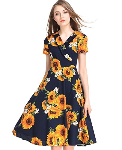 Wonderful Women Casual Deep V Unique Crossover Neckline Vintage Floral Print Short Sleeve Swing Maxi Dresses,Blue Yellow,Large