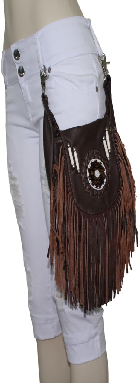 Women’s Genuine Leather Crossbody Belt Bag with Fur Fringe, Braided Bead Handcrafted Design, Clip-On Hip Fanny Pack with Jeans Loop, (J2400LB, Brown)