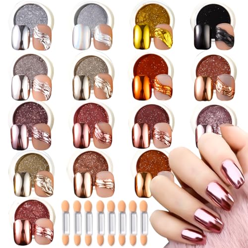 16 Jars Chrome Nail Powder for Gel Nails Holographic Mirror Metallic Effect Fine Rubbing Dust Glitter Pigment Kit Nail Art Gel Polish Mermaid Powder Decoration Sets for Nail Supplies Resin Craft