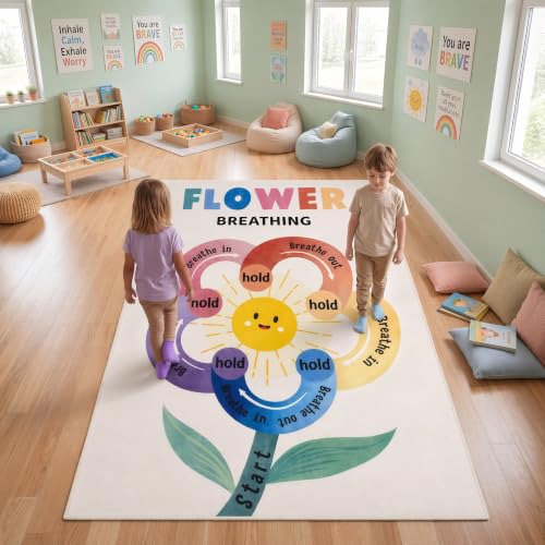 Maasechs Breathing Exercise Calm Corner Rug for Classroom, 6 x 9 ft Flower Calm Down Corner Rug for Kids, Mindfulness Carpet for Preschool Kindergarten, SEL Educational Sensory Mat for Group Activity