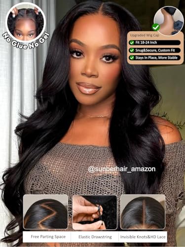 Image of Sunber Yaki Straight Human Hair Wig with Drawstring Bye Bye Knots Pre Cut 7x5 Lace Front Glueless Yaki Wig 180% Density Upgrade 3D Cap Put On Go Pre Plucked with Baby Hair Pre Bleached Knots 22Inch