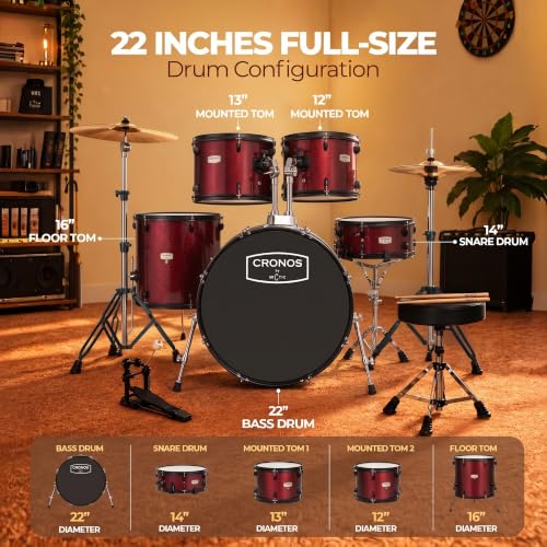 Image of ARCTIC CRONOS 5 Piece Complete Acoustic Drum Kit /Drumset with drumsticks, Cymbals and throne - Nickel Hardware. Best Sounding shells, most durable build, Professional level Configuration. (Red)