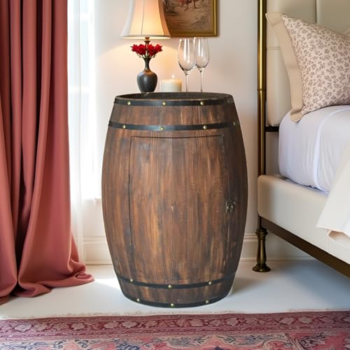 CHUJUA Vintage Whiskey Barrel Table Solid Wood Barrel Side Table with Storage & Lock Wooden Wine Barrel Cabinet Rustic Barrel Bar for Home Bar Living Room