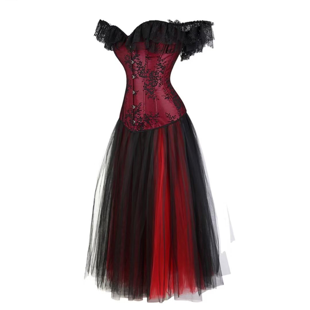 Grebrafan Gothic Piratin Korsett Corsage mit Lang Tüllrock | Prinzessinnen Halloween Kostüm Korsett Damen