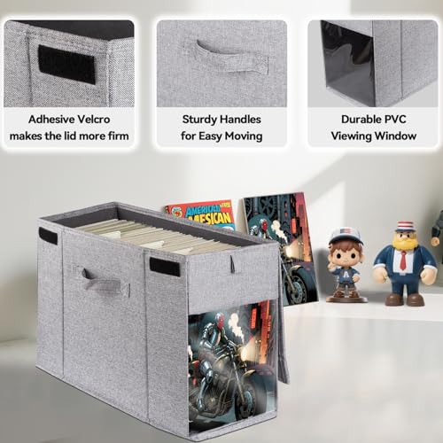 Image of 3 Pack Comic Book Storage Box with Lid, Collapsible Magazine Organizer with Clear Window, Heavy Duty Case Container Holder, Grey