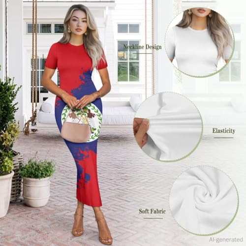 Image of Womens Short Sleeve Jamaican Flag Midi Bodycon Dress