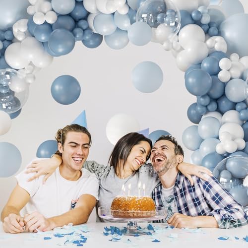 Zestaw łuku balonowego Dusty Blue White, 113 szt. Zestaw girlandy balonowej Bluey White z balonami Macaron Blue Fog, Blue Clear, Dusty Blue dekoracje dla chłopców na baby shower, chrzest, urodziny