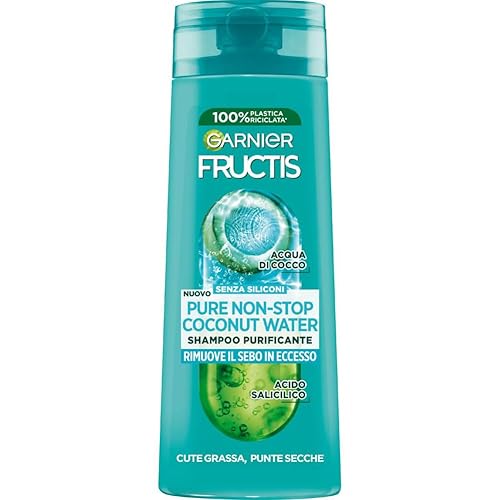 Garnier Fructis Shampoo Purificante, Per Capelli Cute Grassa e Punte Secche, Azione Seboregolatrice, Con Estratto di Acqua di Cocco e Acido Salicilico, Pure Non-Stop Cocconato Water, 250 ml