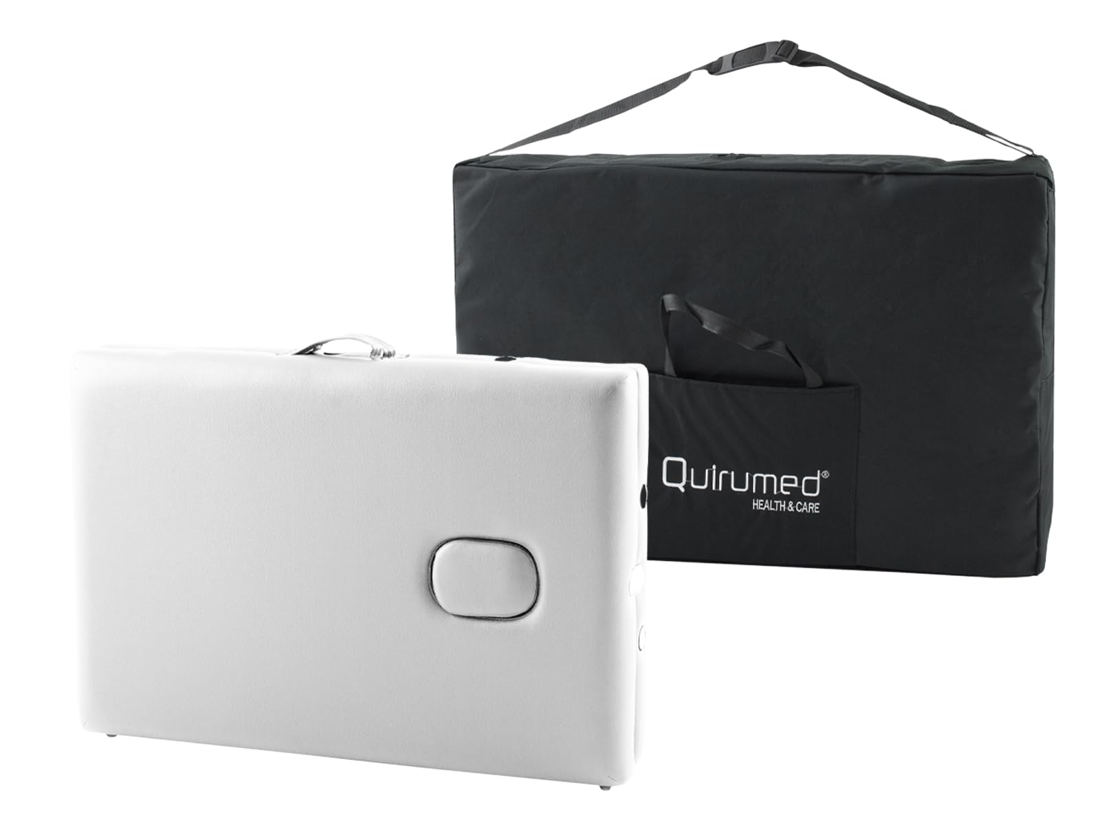 QUIRUMED Camilla de Masaje Plegable de Aluminio Easy, Color Blanco, 180 x 60 cm, Polipiel, Portátil, Ligera Cabezal extraíble, Orificio Facial, Altura Regulable, hasta 120 kg
