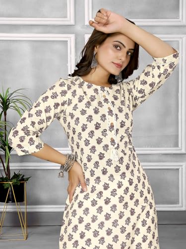 Image of rangita Off White Cotton Knee Length Printed Straight Kurti for Women | Kurta for Women