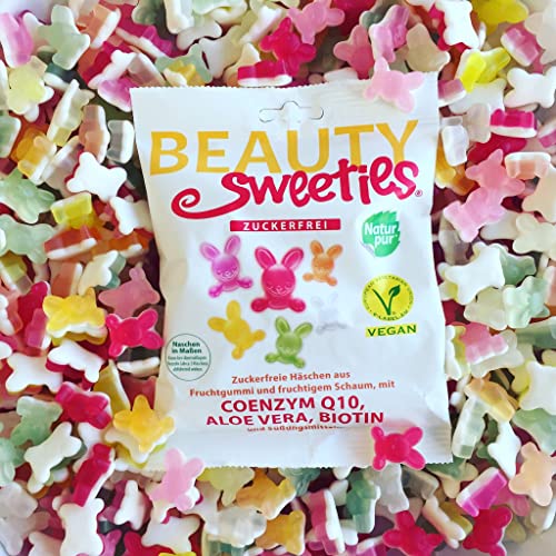 BeautySweeties Zuckerfreie Häschen 125 g | Fruchtig-süße, zuckerfreie & vegane Fruchtgummi-Häschen | Mit Coenzym Q1, Aloe Vera und Biotin | 1 x 125 g Beutel