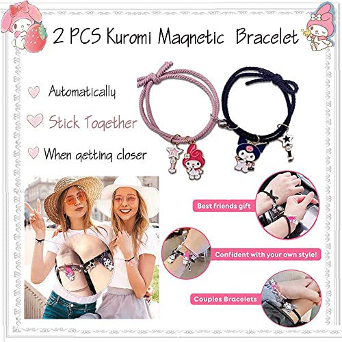 Kuromi And My Melody Gift Set, Cartoon Merch Including 1 Drawstring Bag 1 Keychain 2 Bracelets 2 Necklaces 1 Purse Bag, 50Pcs Sticker, 6 Acrylic Brooches… #TOP3