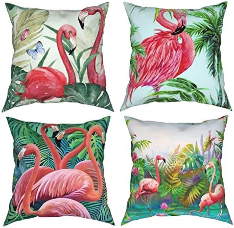 18*18 Set of 4 Pink Flamingo Tropical Throw Pillow Covers, Cushion Palm Leaves Soft Square Case Home Decorative for Couch Sofa Bed (No Insert)