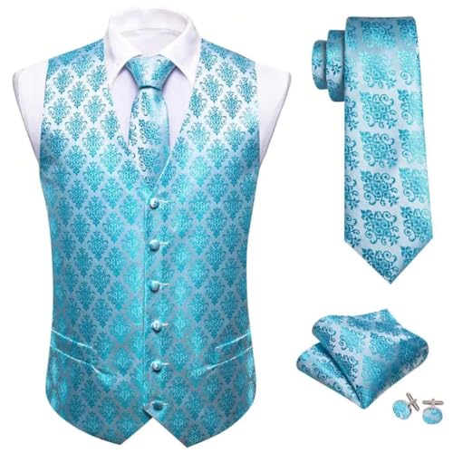 Men's Silk Waistcoat Tie Hanky Cufflinks Set Embroidered V-Neck Vest for Formal Wedding Party2