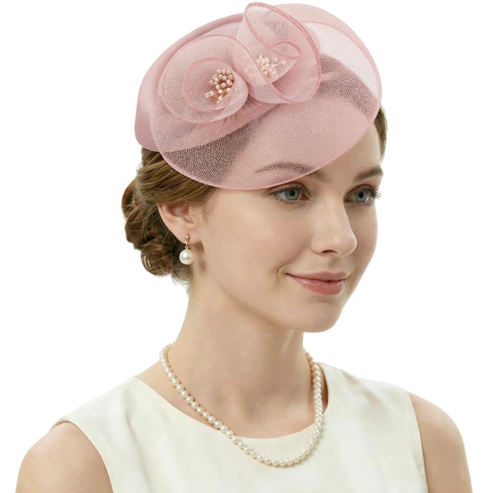 DRESHOW Fascinator Hats for Women Cocktail Tea Party Hat Netted Pillbox Hat Vintage Derby Hats for Bridal Wedding