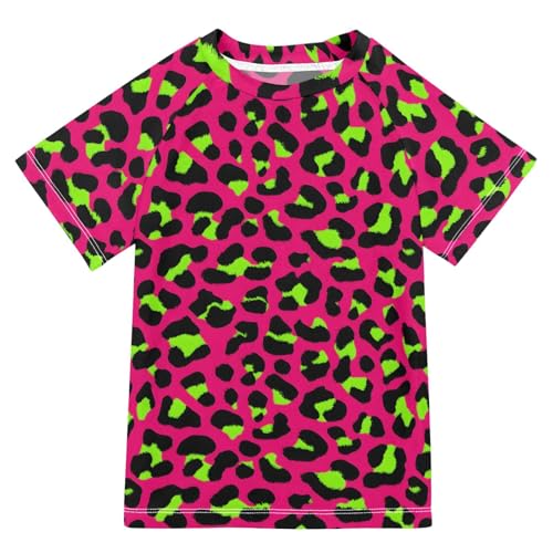 ALAZA Kids Rash Guard Girls Boys Toddler Swim Shirts Short Sleeve Leopard Hot Pink Green UPF 50+ 3T