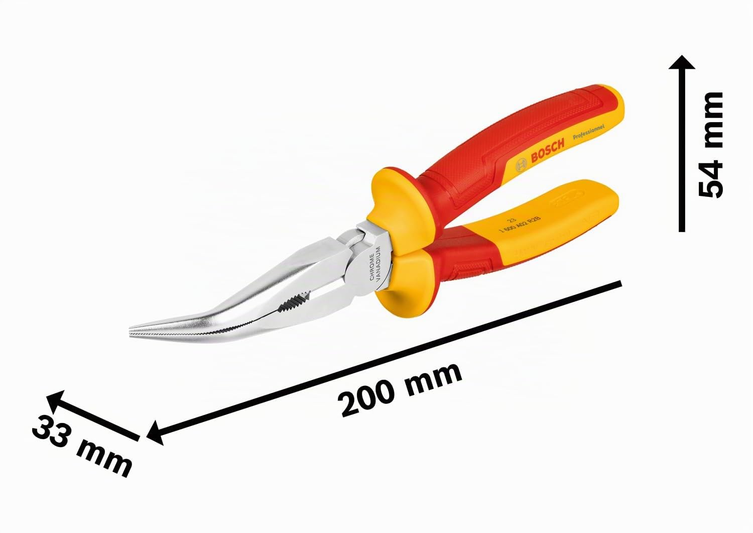 Bosch Professional pince VDE à bec long coudée de 40° – 200 mm (certifiée jusqu'à 1 000 V, isolée avec des polyuréthanes thermoplastiques (TPU))