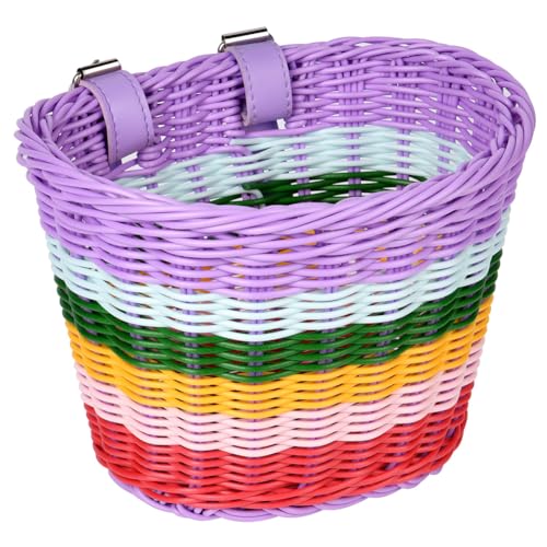 Flintronic Fahrradkorb für Kinder und Mädchen - Geflochten, Vorne Montierbar, Abnehmbar aus Rattan Mit Lederriemen (Mehrfarbig)