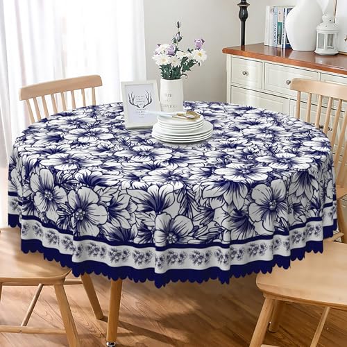 SIEDYCV Blue and White Porcelain Tablecloth for Round Table 42 Inch Peach Blossom Floral Print Table Cloth Fabric Waterproof Reusable Chinese Style Table Cover for Garden Themed Party Dining Picnic