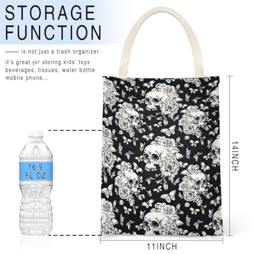 Image of IRADA Car Trash Bag Hanging No Snap Small Garbage Bag for Car Back Seat Cute Printed One-Handed Strap Trash Bags Car Accessories-Halloween Skull Car Trash Bags