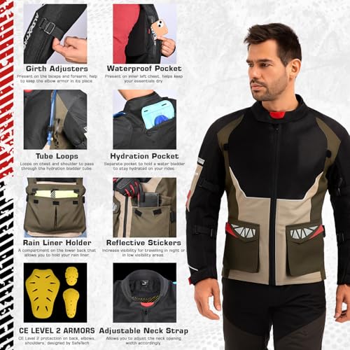 Image of Allextreme RALLY Unisex Motorcycle Touring Riding Jacket Polyester & Mesh Fabric with Abrasion Resistance Impact Protection Back Elbow Shoulder CE Lvl 2 Certified Armour Chest for Bikers (L, O Green)