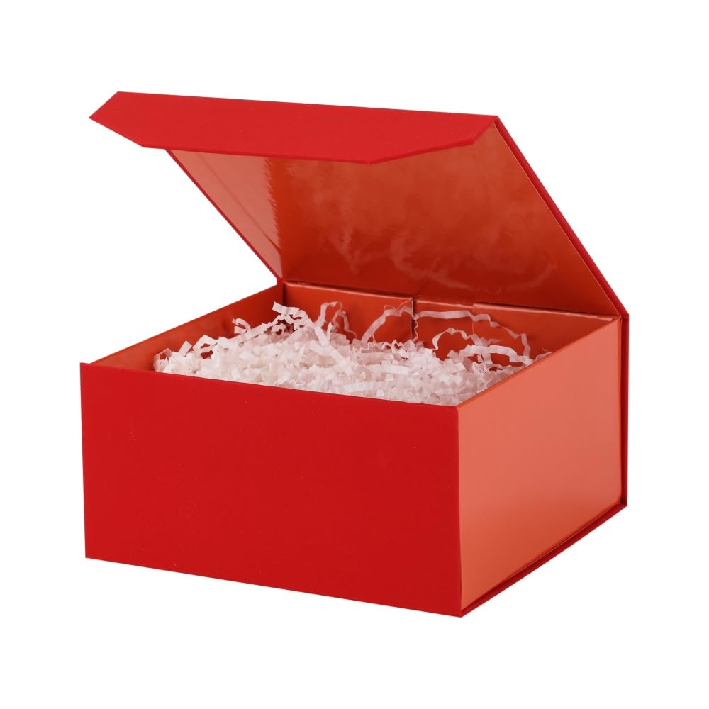 PACKGILO 1 Pcs 6x6x3 Inch Red Magnetic Gift Box Small Magnetic Box with Crinkle Paper Red Small Gift Box with Shredded Paper Luxury Gift Boxes with
