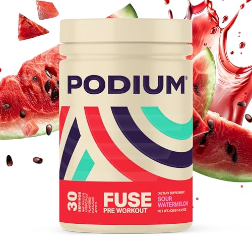 Image of Podium Nutrition, Fuse Pre Workout Powder, Sour Watermelon, 30 Servings, Beta Alanine and Caffeine for Energy, Gluten Free, Soy Free, Dairy Free