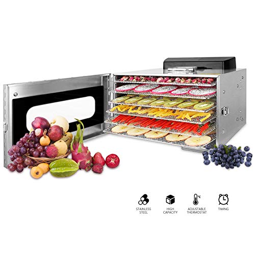 Novhome Deshidratador de Alimentos Acero Inoxidable 6 bandejas Deshidratador Frutas y Verduras Temperatura 30-90℃ Temporizador de 24 horas Libre de BPA para Carne Hierbas