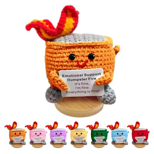 Image of Emotional Support Dumpster Fire - Positive Crochet Birthday Easter Basket Stuffers Essentials Gift for Women Men Girls Coworker Friend, Handmade Knitted Doll for Home Office Accessories Decor (Orange)