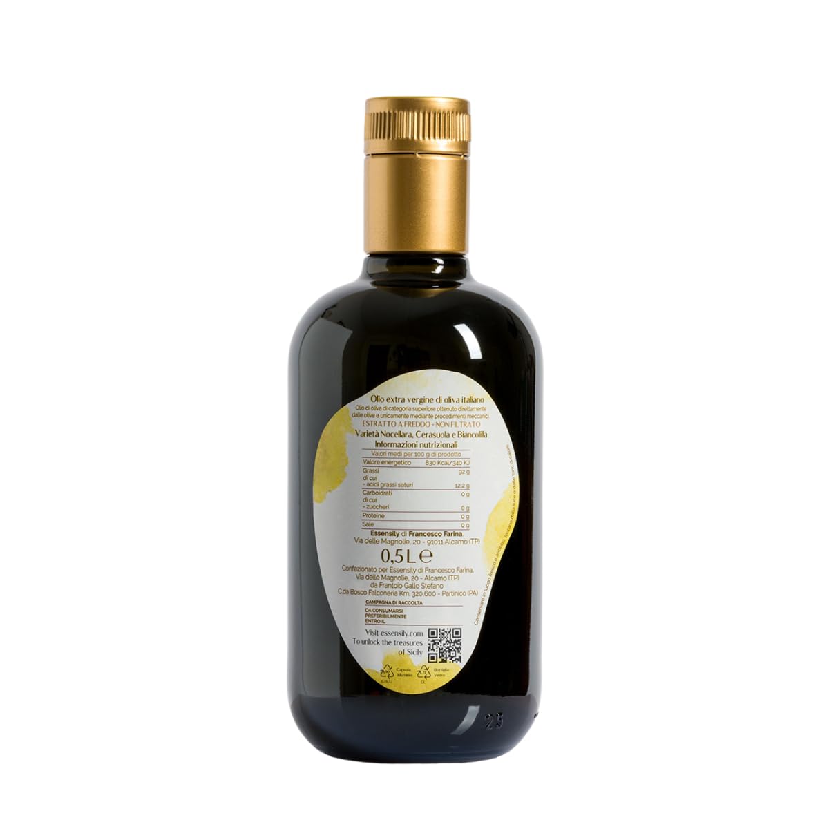 Huile d’Olive Extra Vierge 100% Italienne – Extraction à Froid – Récolte Manuelle – Bouteille 500 ml – Essensily
