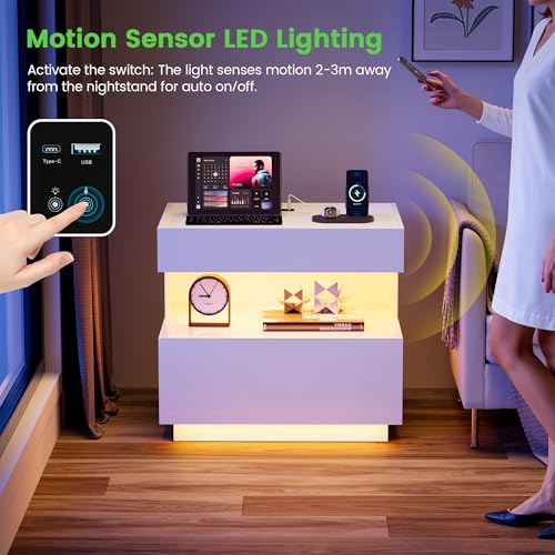 Image of HNEBC White LED Nightstand with Gun Drawers&USB-C Port&Lights for Bedroom | Bedside table,Motion‑Sensor 3‑Color Lighting, Hidden Storage Compartment, USB, Type‑C Charging Station,Hight-Gloss