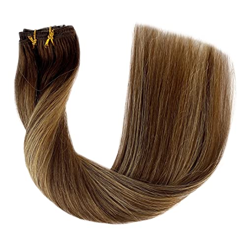Image of Ombre Clip in Hair Extensions, 20 Inch Balayage Chocolate Brown Mixed Strawberry Blonde 70g 5pcs Real Hair Extensions Clip In Human Hair Remy