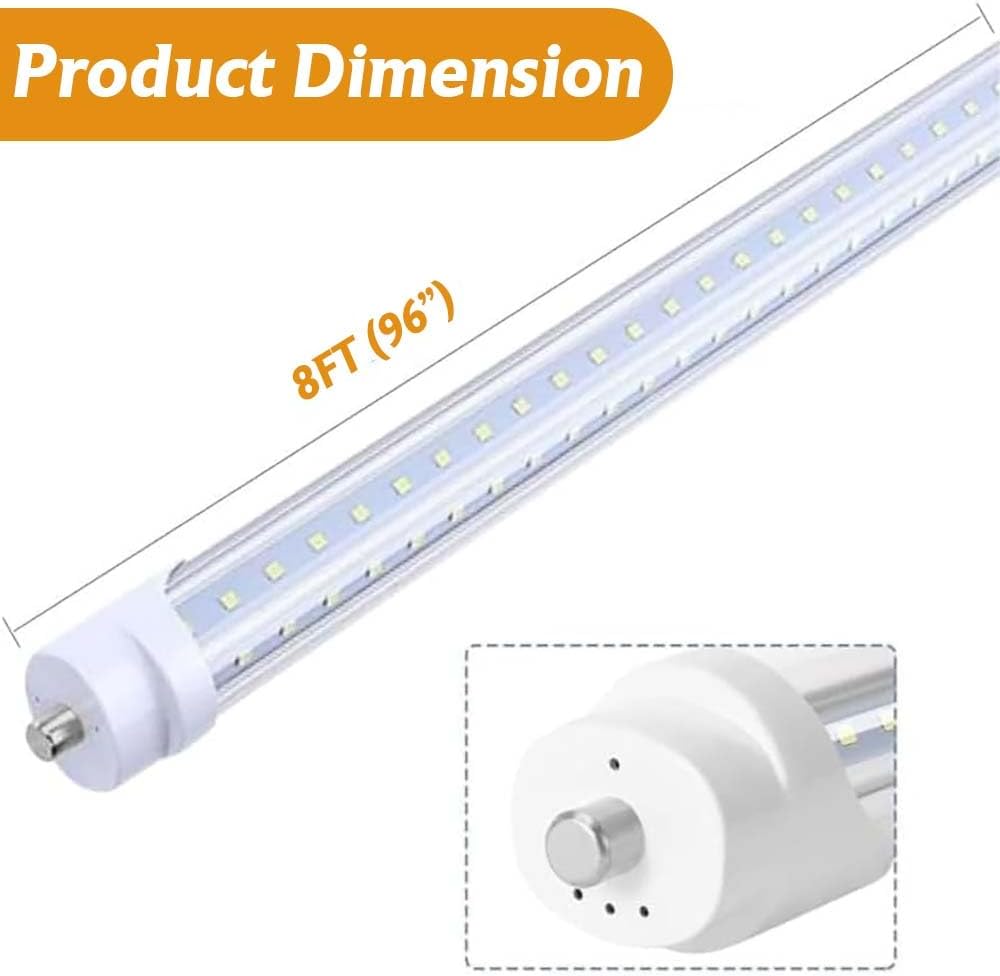 T8 8FT LED Tube Light, 8 Foot T8 V Shaped Single Pin FA8 Base, Ballast Bypass 270° 50W 6750LM, 6500K Cool White, Clear PC Cover (Replace 150W LED Flourescent Bulbs) Dual -Ended Power AC100-277V 12PACK