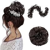 Benehair Messy Bun Hair Piece Juva Bun Hair Scrunchie Fluffy Curly Touseld Updo DIY Wrap Around Ponytail Hairpiece 32inch Wavy Donut Chignons for Women Dark Brown 85g