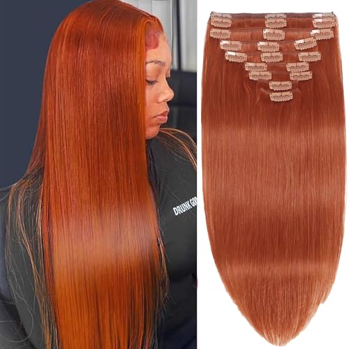 20inch Clip in Hair Extensions Real Human Hair 120g 8pcs Double Weft with 18clips Clip on Hair Extensions Smooth Human Extensions for Women Brazilian Remy Human Hair (#350 Copper)