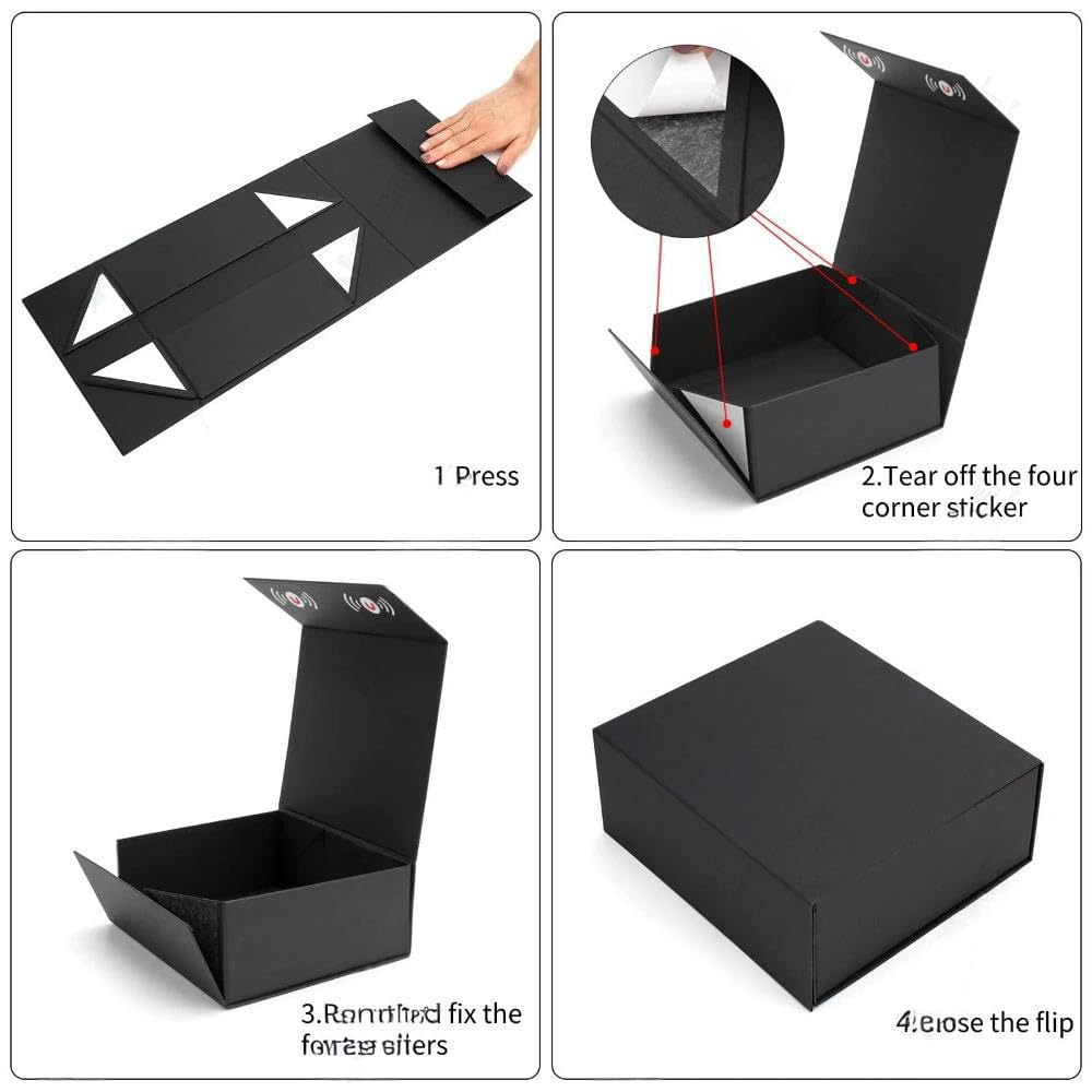 8 sztuk czarnych magnetycznych pudełek prezentowych z pokrywkami, Prostokątne składane pudełka prezentowe, na urodziny, ślub, walentynki, Boże Narodzenie,Black 8 pack,12.2×8.6×3.9in