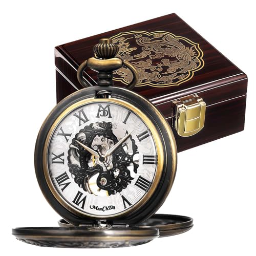 Image of ManChDa Mechanical Roman Numerals Dial Skeleton Pocket Watches with Luxury Wooden Box and Chains for Mens Women