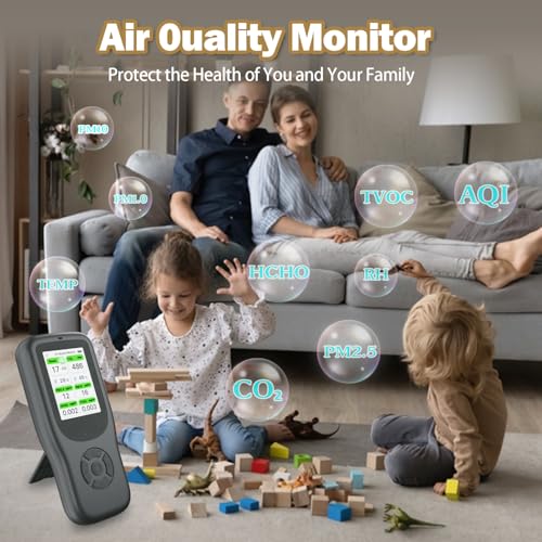 Image of 11-in-1 Air Quality Monitor - Portable Indoor Air Quality Detector with Stand, Real-Time Test for AQI, CO2, PM2.5, PM1.0, PM10, TVOC, HCHO, Particles, Temperature & Humidity with Aler (Black-White)