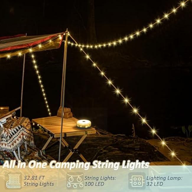 Camping String Lights, 32.8Ft Solar Camping Lights, Portable Waterproof Camp Lamp with 13 Lighting Modes, Hanging Rechargeable Tent Lantern for Outdoor, Indoor, Hiking, Yard, Party Decor