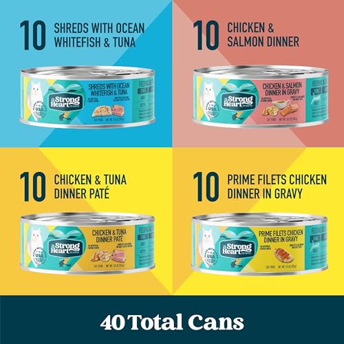 Image of A Strong Heart Wet Cat Food Variety Pack, 4 Flavor Chicken & Seafood Pates & Shreds in Gravy Recipes, Made with Real Chicken & Fish, Made in The USA, 5.5oz Can (40 Count)