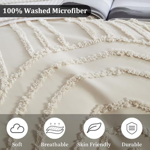 Nayoroom B0CJYKPNF7 Boho Duvet Cover Queen Size Beige Tufted Chenille Rainbow Textured Comforter Cover 3 Pcs Luxury Soft Washed Microfiber Aesthetic Bedding Set thumb #4