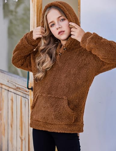 Arshiner Girls Hoodie Sherpa Fleece Pullover Hooded Sweatshirt for Girl Button Up Casual Outerwear Coat With Pockets3