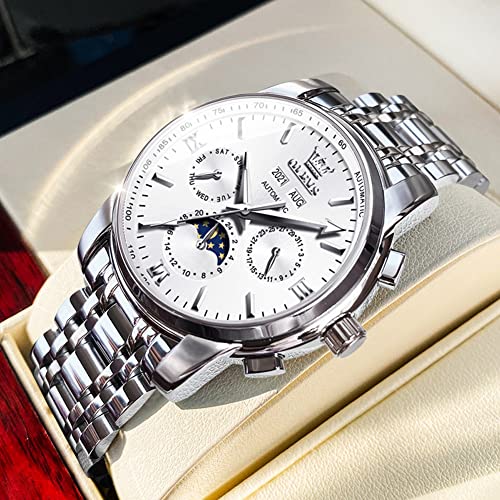 Image of OLEVS Automatic Men Watch Self Winding Mechanical Luxury Dress Moon Phase Stainless Steel Silver Watch Waterproof Luminous Calendar White Wrist Watch