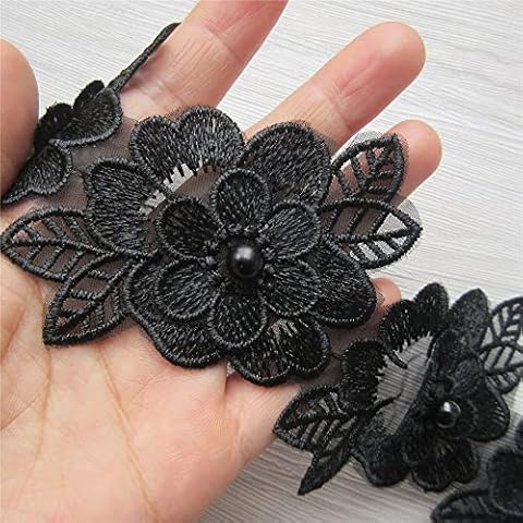 Qiu 2 Meters Flower Polyester Pearl Lace Edge Trim Ribbon 3.15' Width Vintage Edging Trimmings Fabric Embroidered Applique Sewing Craft Wedding Dress Embellishment Cards Hats Clothes (Black) Cover