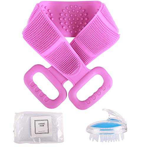 LIVINGHUB Silicone Back Scrubber And Hair Massage Brush – Travel Zip Pouch Bag Included for Shower Towel Double Sided Bath Body Scalp Deep Clean Exfoliating Massager for Men and Women (Purple)