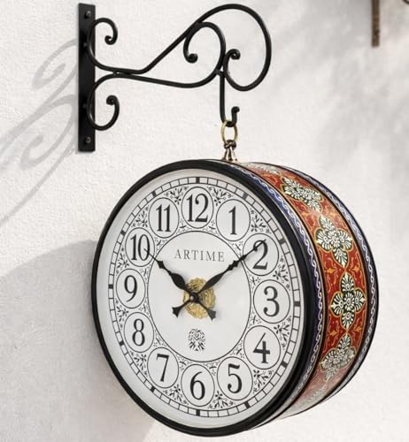 Image of Hand Painted Vintage Wall Clock, 12 inch, Double Side | Metal, Analog