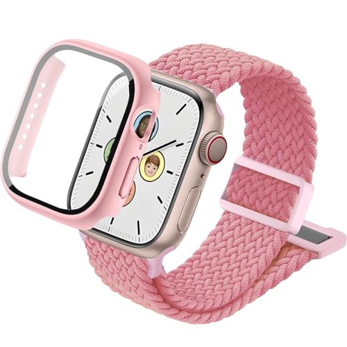 sylacor Braided Stretchy Band with Case Compatible with Kids Apple Watch Band (BrightPink 40mm)